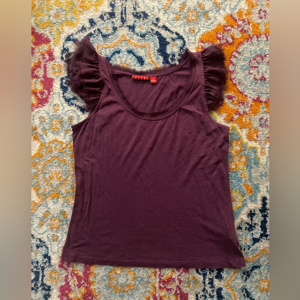 SOLD! ELLE Solid Plum Purple Fringe Detail Ruffle Flutter Sleeve Top M - Picture 1 of 11